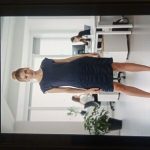 Xcvi Wearables Aviana Dress Navy Poplin Jewel Neckline Office Mini Sz Small